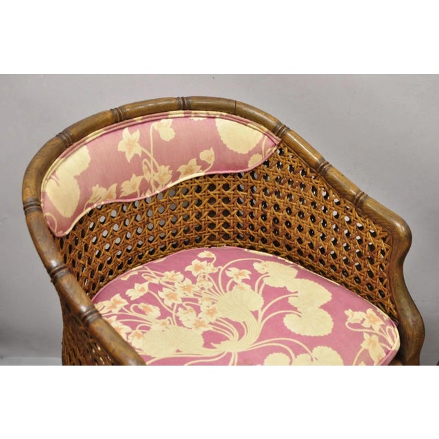 Hollywood Regency Vintage Hollywood Regency Faux Bamboo Cane Barrel Back Lounge Chairs (A) - Pair For Sale - Image 3 of 12