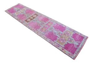 Magenta Kurdish Runner Herki Rug. Hand-Knotted Full Tribal Rug Wide Runner - 3′1″ × 12′6″