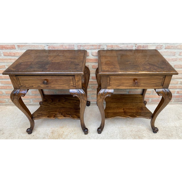 French Louis XV Style Walnut Bedside Tables with Drawer and Open Shelf, 1930s, A Pair For Sale - Image 10 of 18