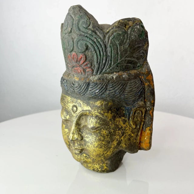 AMBIANIC presents Salvaged Stone Beautiful Gold Buddha Head Sculpture with Carved Crown 8.88 tall x 5.25 w x 4.25 d...