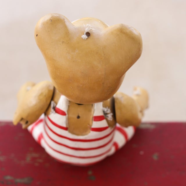 1990s Vintage Wooden Teddy Bear Jointed Red & White Shelf Sitter Hand Carved Folk Art For Sale - Image 5 of 14