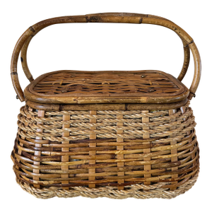 Vintage Mid-Century Fabric-Lined Rattan & Bamboo Picnic Basket, Made in England