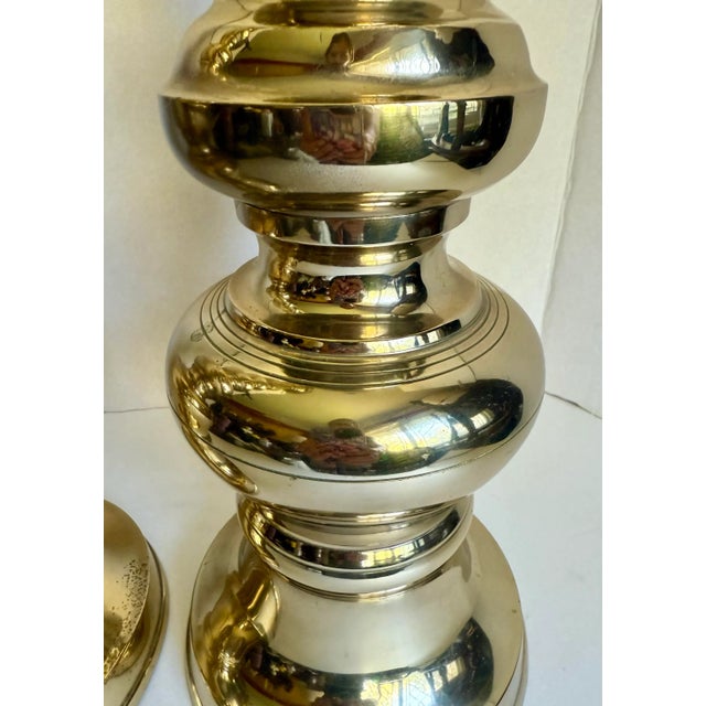 Brass Vintage Pair of Brass 25" Tall Floor Candle Holder Candle Stands For Sale - Image 8 of 12