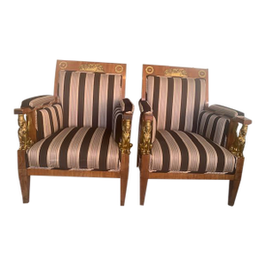 Pair Biedermeier Neoclassical Armchairs Bergeres, C 1835