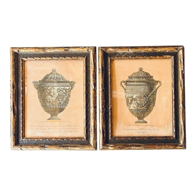 Antique Neoclassical Architectural Framed Original Urn Prints in Gilt Frames - Set/ 2 For Sale