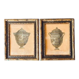 Antique Neoclassical Architectural Framed Original Urn Prints in Gilt Frames - Set/ 2
