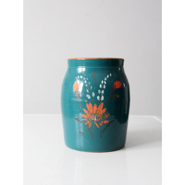 Vintage Hand-Painted Stoneware Cookie Jar Vase For Sale - Image 4 of 11