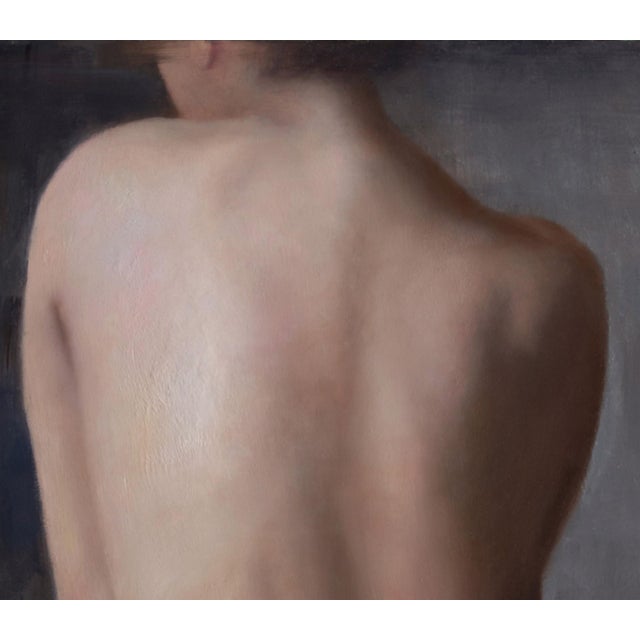 Eve by Kelly Birkenruth | Oil on Panel Back of a woman with lace detail on jeans. For Sale - Image 4 of 5