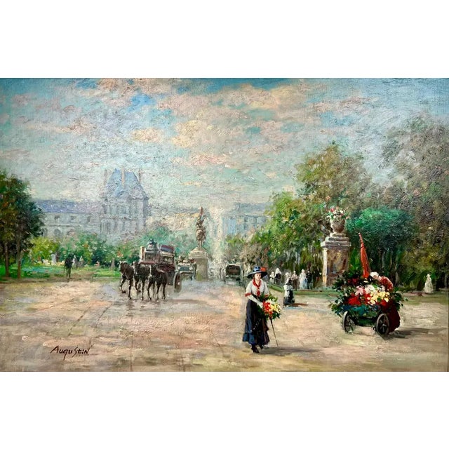Impressionist Paris Street Scene, Tuileries Garden in Silver Frame, Signed A charming Impressionistic oil painting...