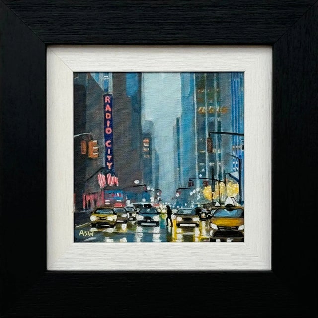 Angela Wakefield, Miniature Painting of Radio City New York with Night Traffic by British Artist, 2024 For Sale