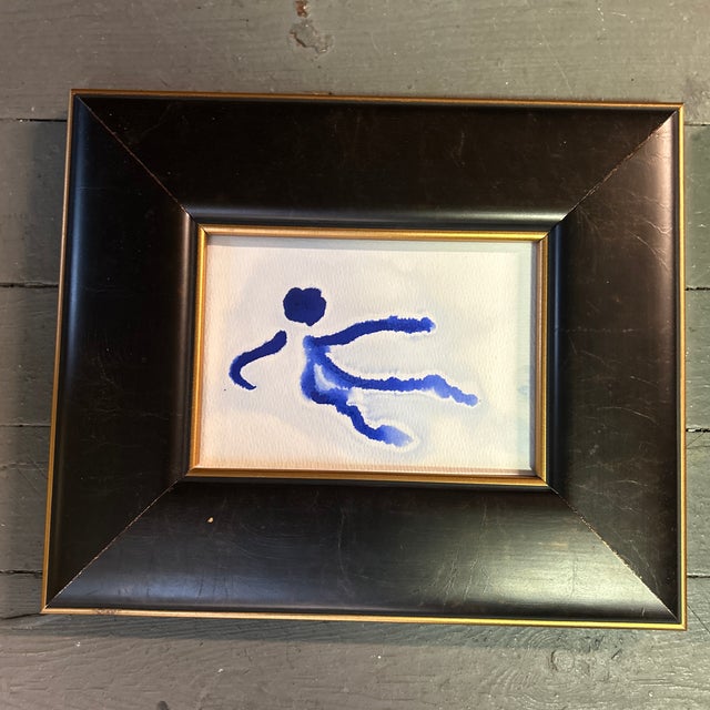 Set of two contemporary original abstract dancing figure watercolor paintings done in blue ink. Each measure 7x5 or...