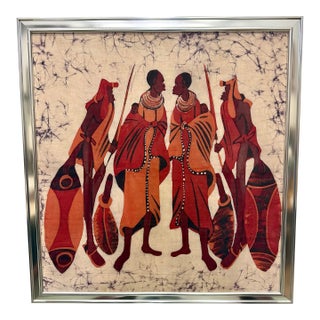 Vintage Oversized Batik Depicting African Tribal Warriors For Sale