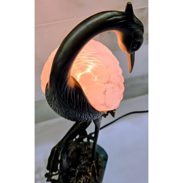 Bronze 1996 Tin Chi Heron Art Glass Lamp for Andrea by Sadek on Green Marble Base For Sale - Image 8 of 14