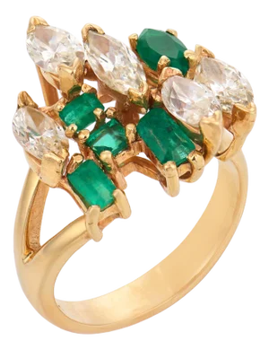 Vintage Diamond Emerald 14k Yellow Gold Cocktail Ring, Size 6