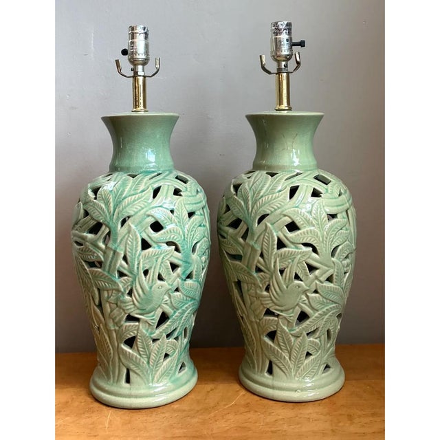 Chinoiserie Vintage Celadon Pierced Ceramic Lamps - a pair For Sale - Image 3 of 12