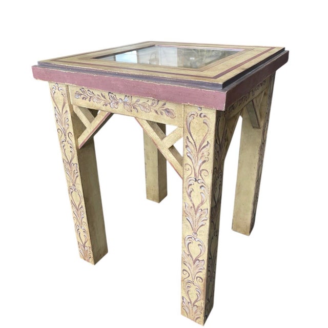 Vintage Hand-Painted Neoclassical Style Inset Glass Top Side Table For Sale In West Palm - Image 6 of 8