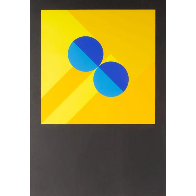 An Op Art serigraph print by the German artist Jo Niemeyer (born 1946). Two blue dual-toned circles are near the center of...