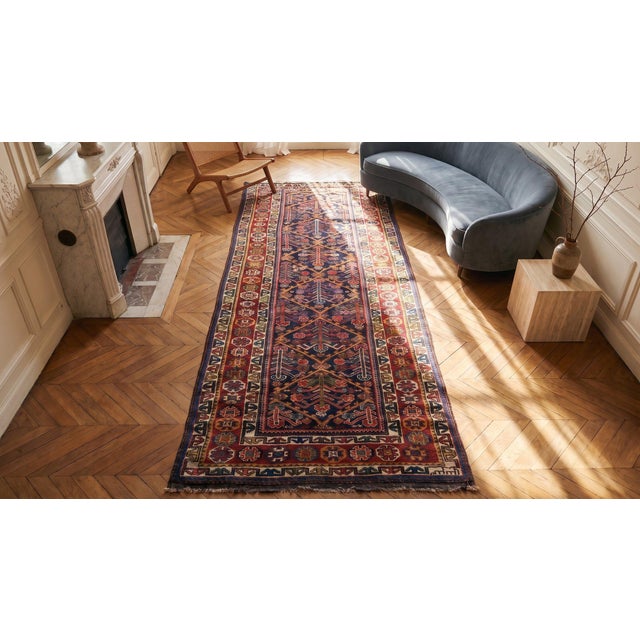 Textile 1930s Blue Navy Diamond Tribal Antique N.W.Persian Rug 3' 4" X 10' 3" Handknotted Wool Carpet For Sale - Image 7 of 9
