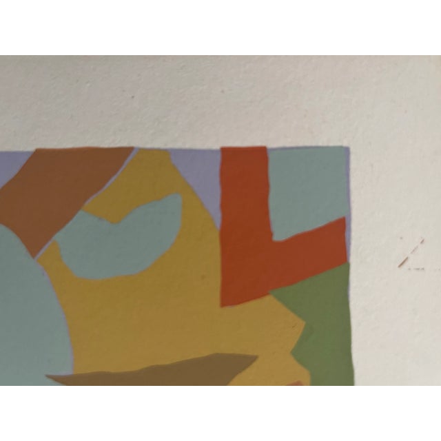 A whimsical screen print circa 1970s bursting with orange, red gold green and blue irregular forms. A kaleidoscopic gem...