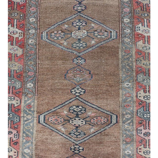 Antique Sarab Runner With Sub-Geometric Medallion Design in Red, Blue & Brown For Sale In Atlanta - Image 6 of 12