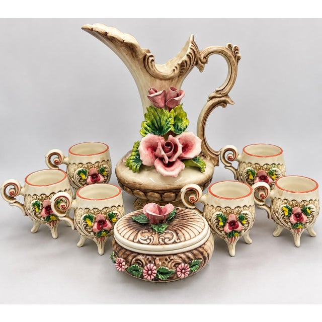 An ornate vintage Italian Capodimonte-style porcelain tea and coffee service featuring dimensional hand-applied floral...