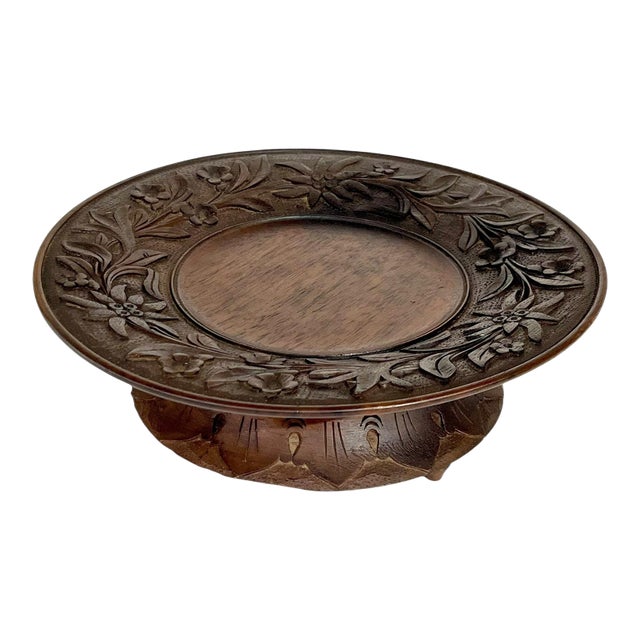 Antique Black Forest Carved Wood Tray Pedestal With Music Box For Sale