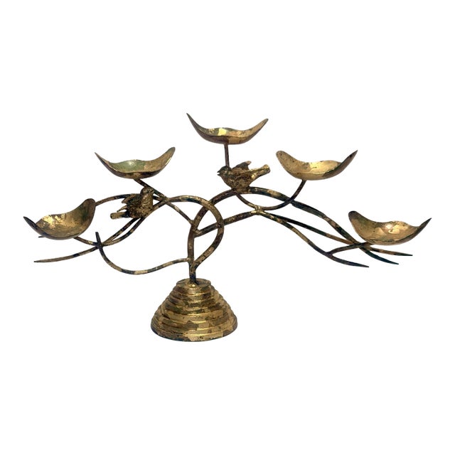 Vintage Brutalist Hand Gilt Wrought Iron Bird Candelabra – Newly Painted For Sale
