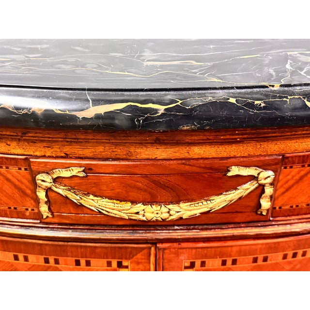 Antique French Style Inlaid Wood Carved Marble Top Demilune Server For Sale - Image 11 of 14