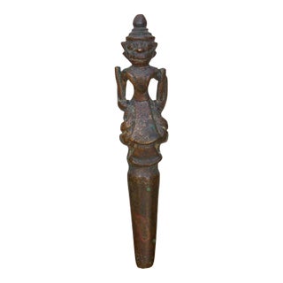 Masterfully Cast Antique Bronze Figural Vessel Cap For Sale