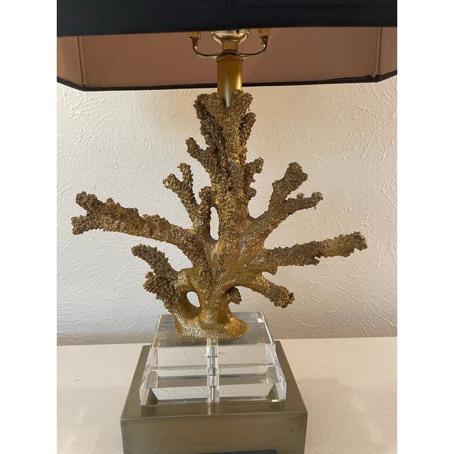 Hollywood Regency Gilt Gold Coral Table Lamp With Black Shade For Sale - Image 4 of 9