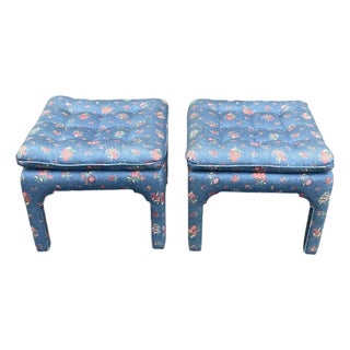 Pair of Square Pillow Top Tufted Billy Baldwin Parson Ottomans For Sale