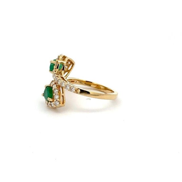 Natural Emerald Halo Diamond Bypass Ring in 18k Gold Size 7 For Sale - Image 9 of 10
