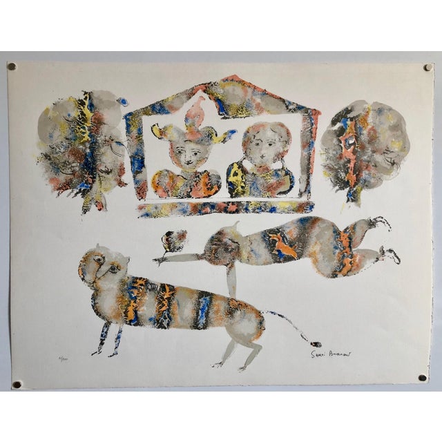 Sakti Burman, Contemporary Indian Art Master Lithograph in Color Abstract Figures with Cat, c.1960's For Sale In Miami - Image 6 of 6