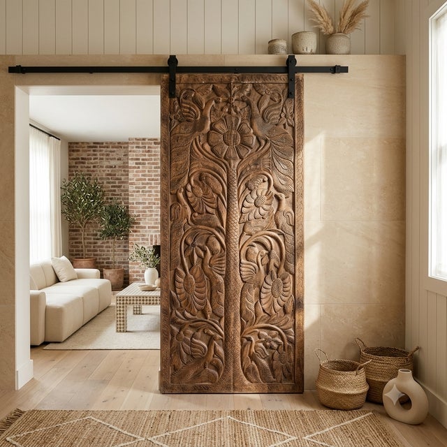 Wood Hand-Carved Tree of Life Wood Door Panel With Birds & Sunflowers | Rustic Architectural Wall 84x36 For Sale - Image 7 of 7