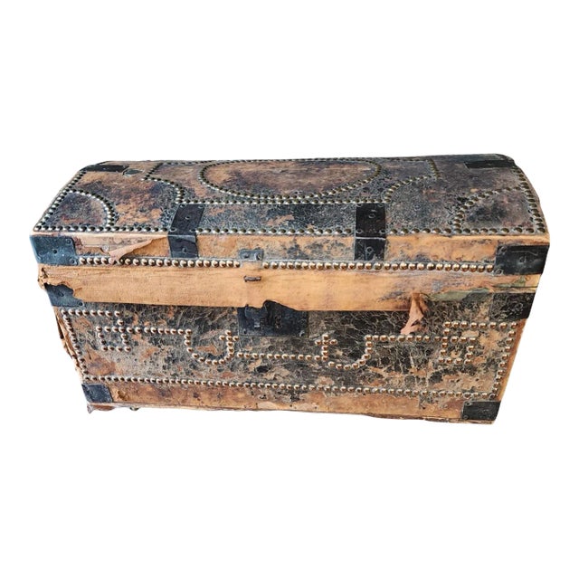 Late 1700s - Early 1800s Leather and Brass Studded Dome Top Steamer Trunk For Sale