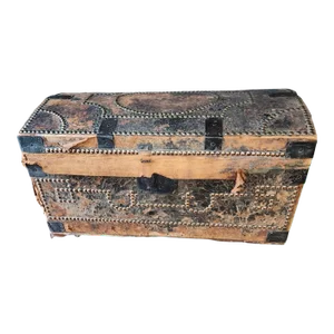 Late 1700s - Early 1800s Leather and Brass Studded Dome Top Steamer Trunk