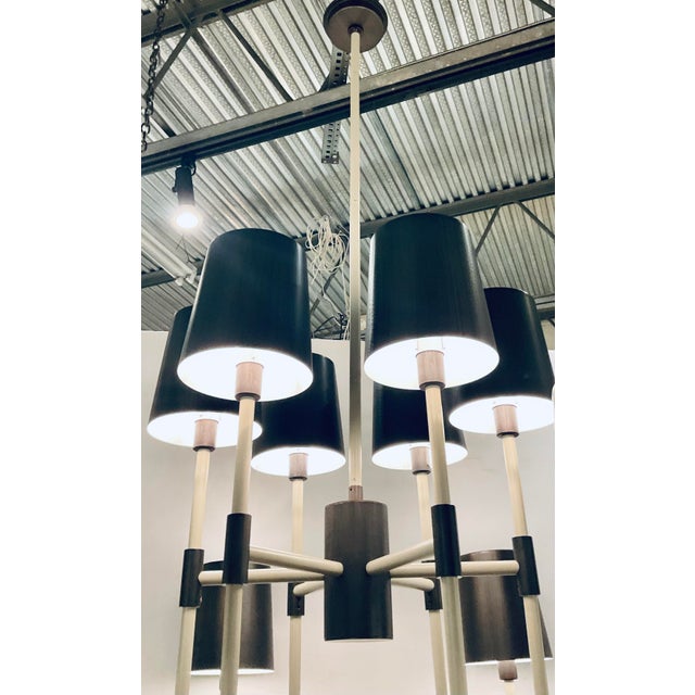 Original retail $3900, stylish Arteriors Industrial Modern Smoked Bronze Bedford Chandelier, off-white metal frame, powder...