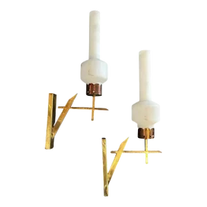 Two 1950s Stilnovo Style Mid-Century Modern Brass and Glass Italian Wall Sconces