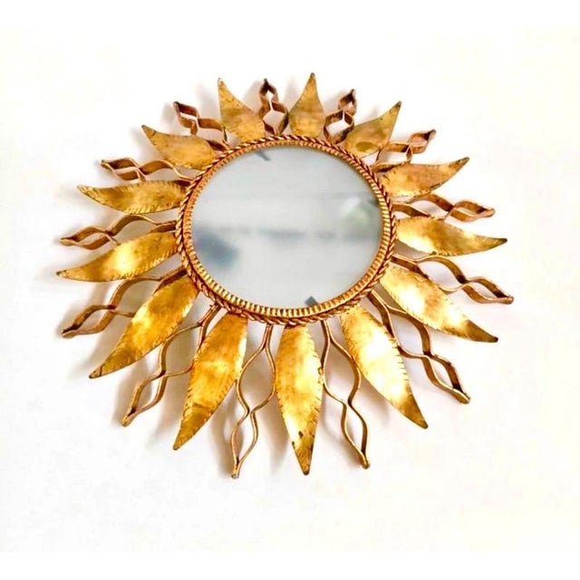 Large Spanish crown light in gilt metal and frosted glass, Spain, 1950s. Midcentury antique gilt iron frame or pendant...