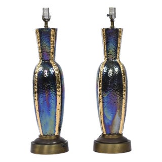 Pair of Iridescent Blue and Gold Mid-Century Modern Urn Shaped Ceramic Lamp For Sale