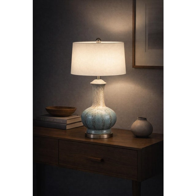 Late 20th Century Hand-Glazed Ceramic Table Lamp With Blue Reactive Glaze and Linen Drum Shade For Sale In Los Angeles - Image 6 of 8