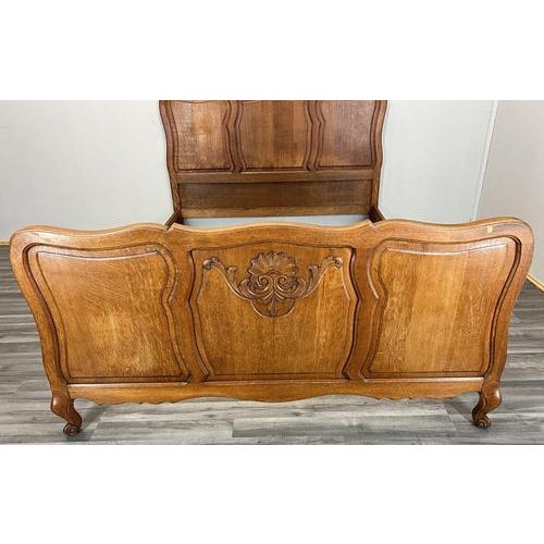 Vintage French Louis XVI Double Bed Frame in Oak with Carved Headboard For Sale - Image 4 of 12
