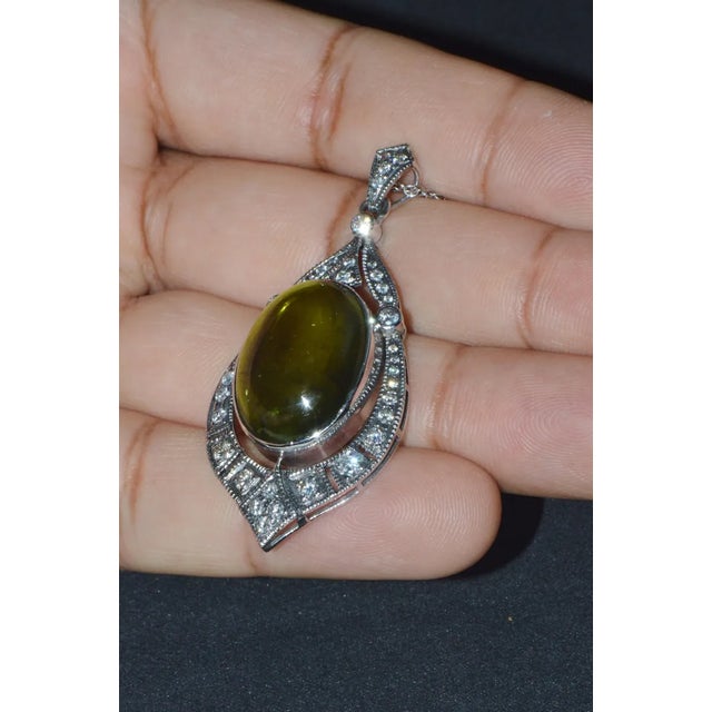 Certified Natural 28.17Cts Diamond Green Tourmaline 18K Gold Art Deco Slide Pendant Necklace For Sale In Dallas - Image 6 of 10