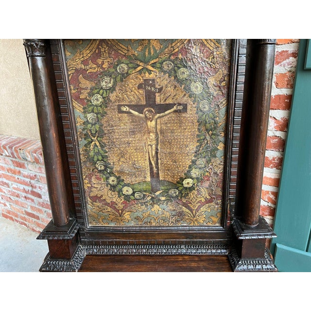 Late 19th Century Antique French Gothic Devotional Cabinet Religious Painting Carved Oak Kneeler For Sale - Image 5 of 18