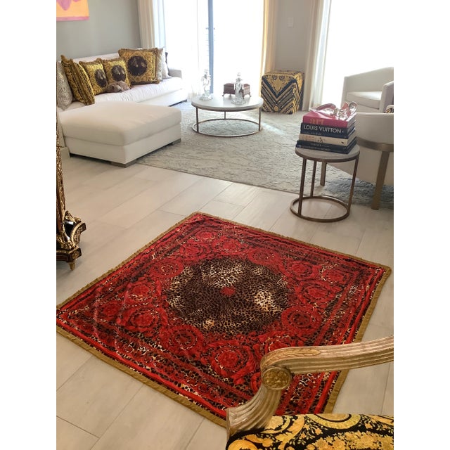 Vintage custom made Versace velvet red bronze 55”55” throw baroque print with fringe vivid color please note the throw was...