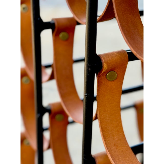 1960s Mid-Century Modern 21 Bottle Wine Rack in Leather & Wrought Iron W/ Butcher Block Top Attributed Arthur Umanoff, Usa, C. 1960s For Sale - Image 5 of 5