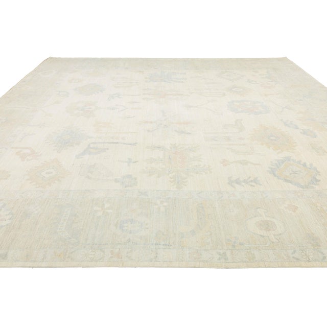 2020s 13x15 Modern Oushak Style Hand-Knotted Wool Area Rug – Neutral Ivory & Sage For Sale - Image 5 of 11