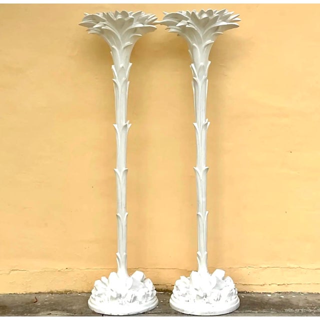 Vintage Regency Molded Fiberglass Palm Tree Torchere Lamps After Serge Roche- A Pair For Sale - Image 9 of 12
