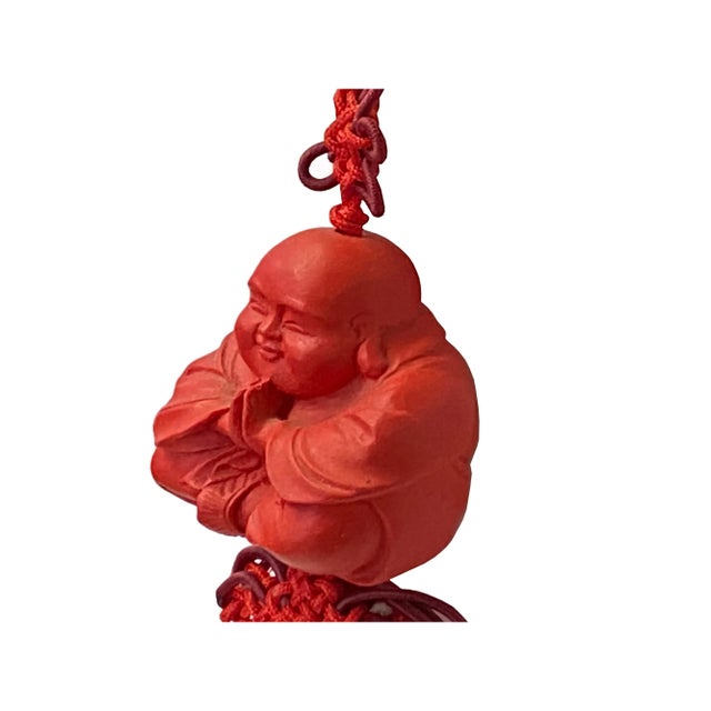 Chinese Red Lacquer Resin Happy Buddha Figure With Knot Tassel Art For Sale - Image 4 of 6
