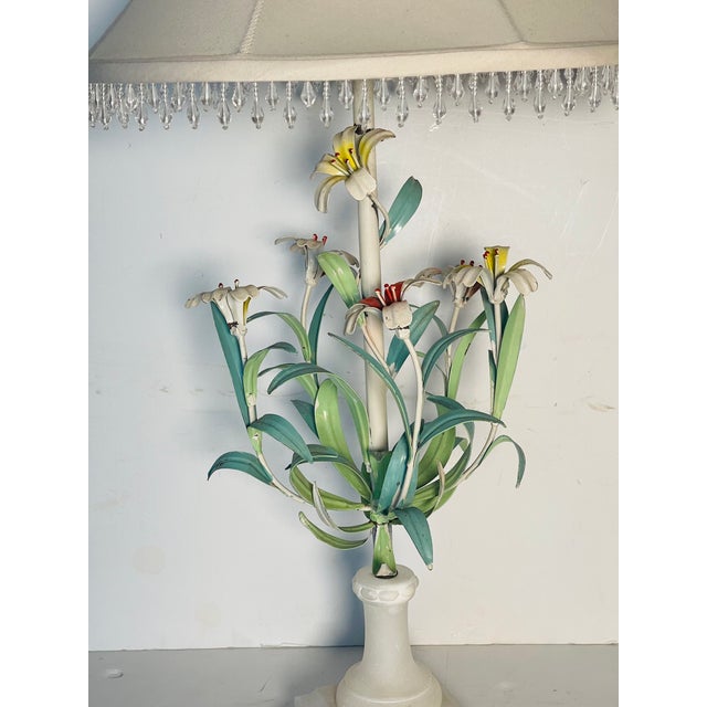 Elegant vintage tole floral lamp on white alabaster base , with original silk lamp shade decorated with bead fringes.